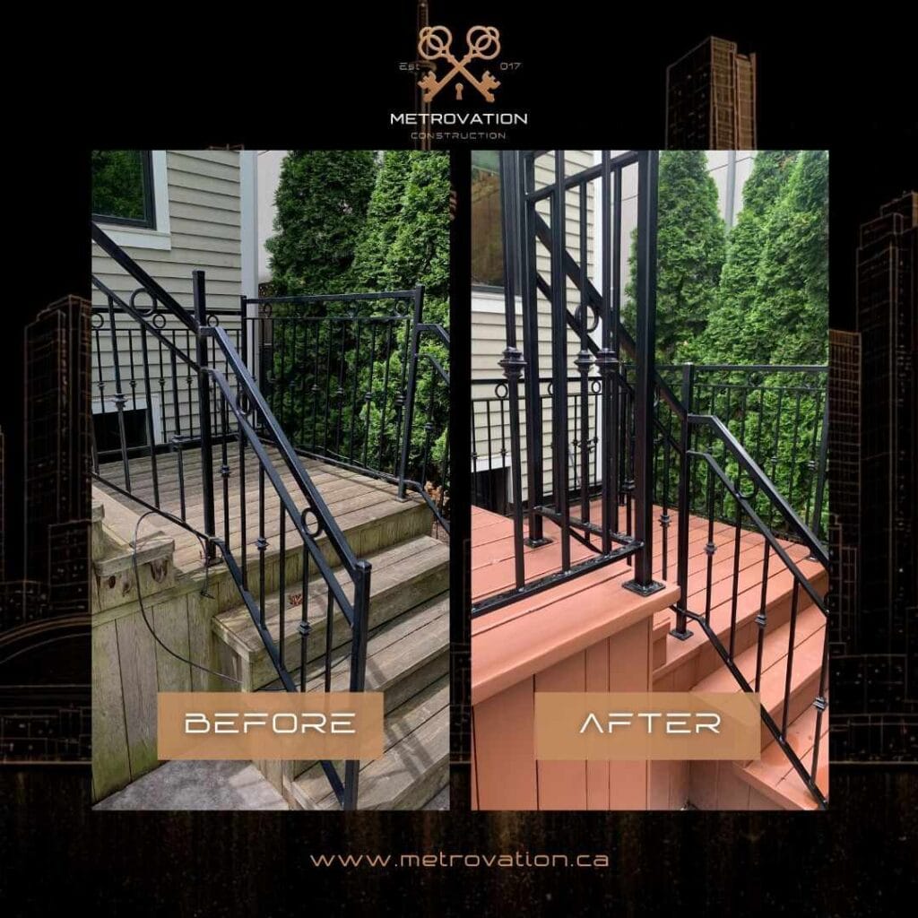 Deck and railing staining before and after with a fresh protective stain by Metrovation in the GTA
