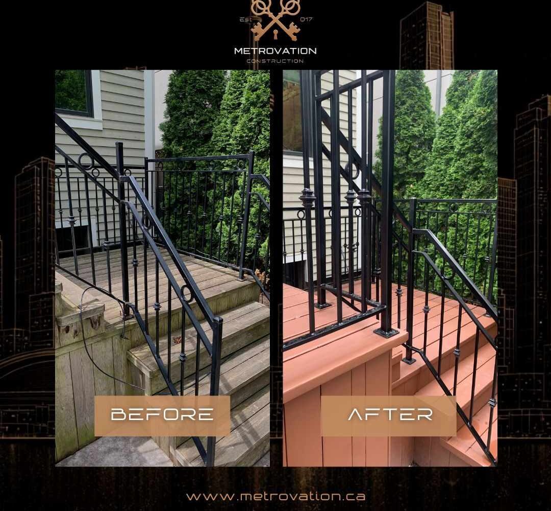 Deck and railing staining before and after with a fresh protective stain by Metrovation in the GTA
