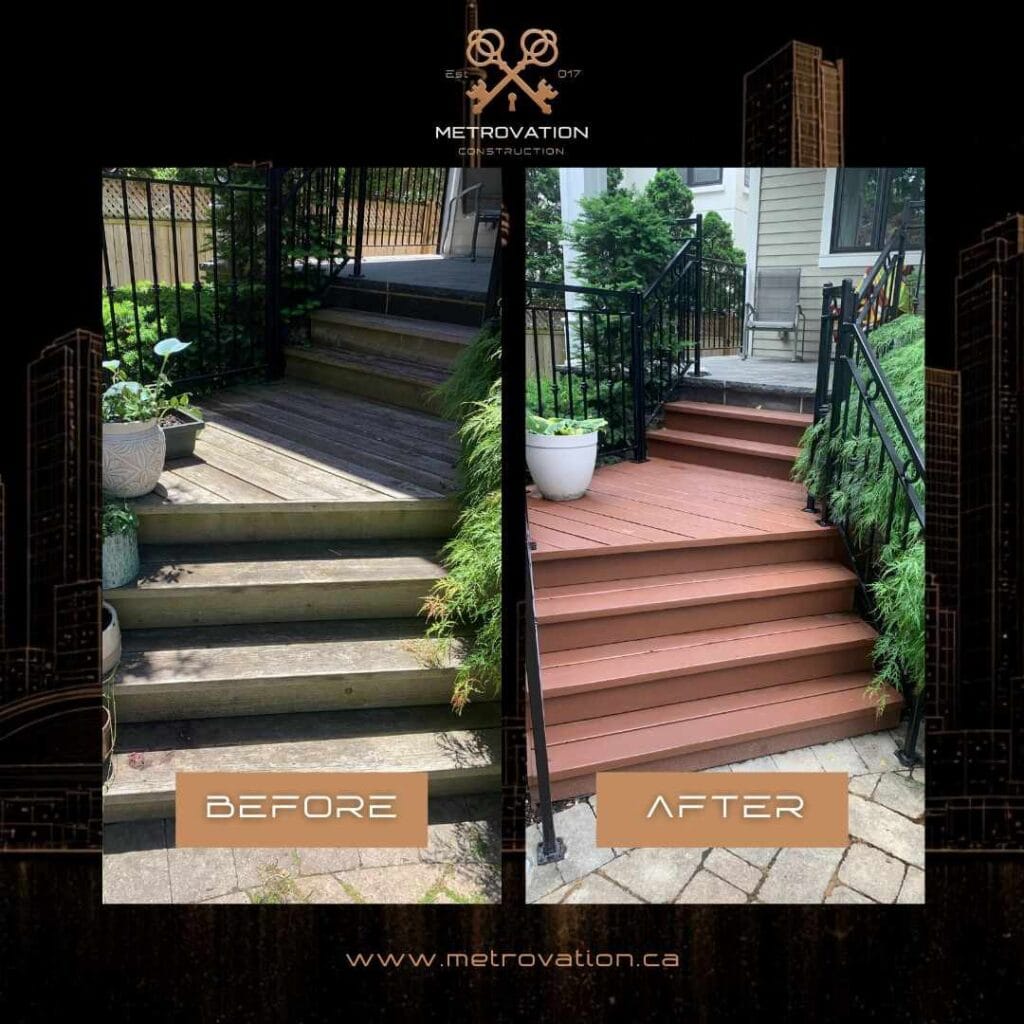 Deck stair staining before and after, weathered wood restored by Metrovation in the GTA
