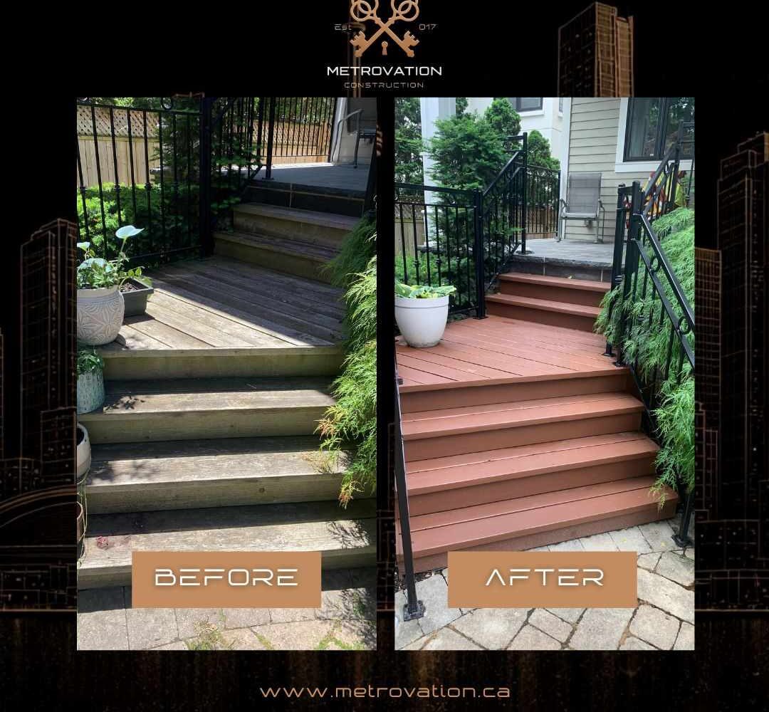 Deck stair staining before and after, weathered wood restored by Metrovation in the GTA