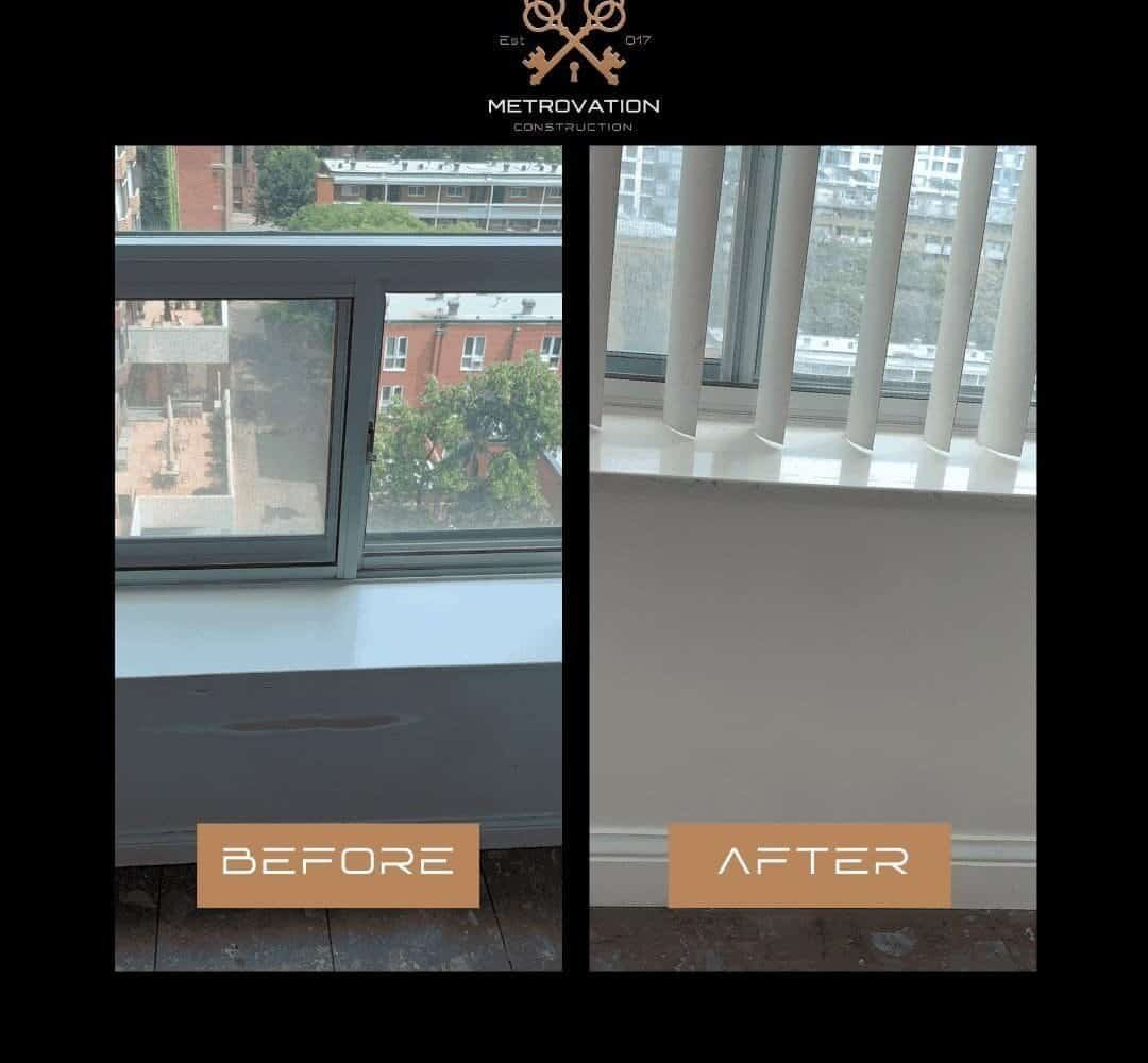 Drywall hole repair before and after, wall damage fully patched by Metrovation
