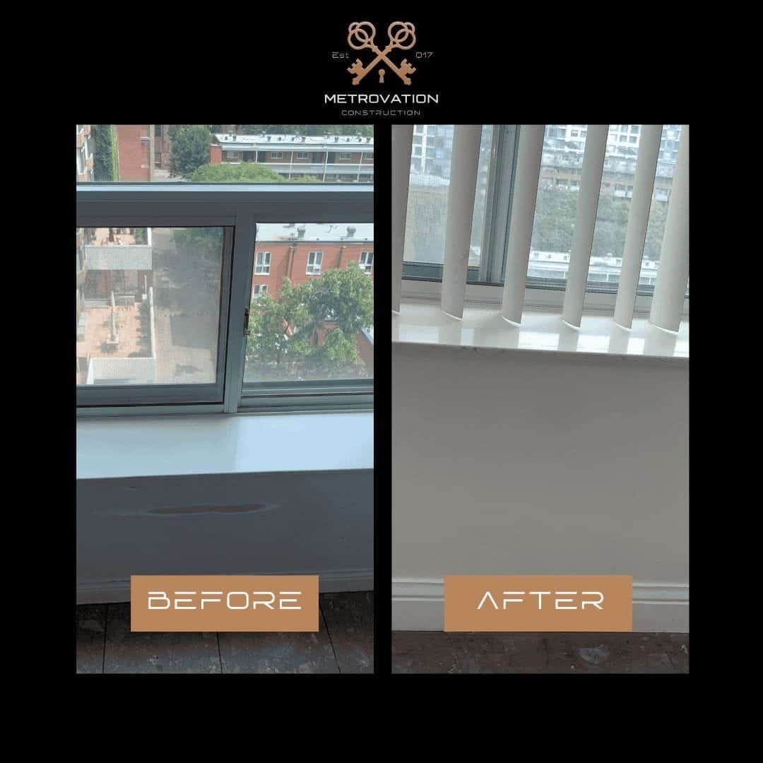 Drywall hole repair before and after, wall damage fully patched by Metrovation