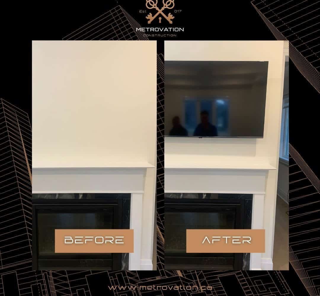 TV mounting before and after, television installed above fireplace by Metrovation