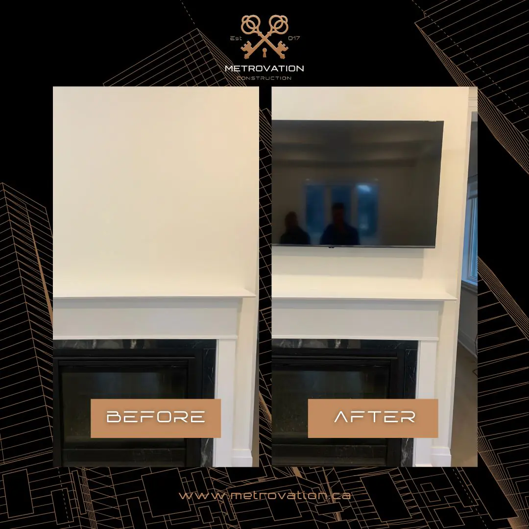 TV mounting before and after, television installed above fireplace by Metrovation