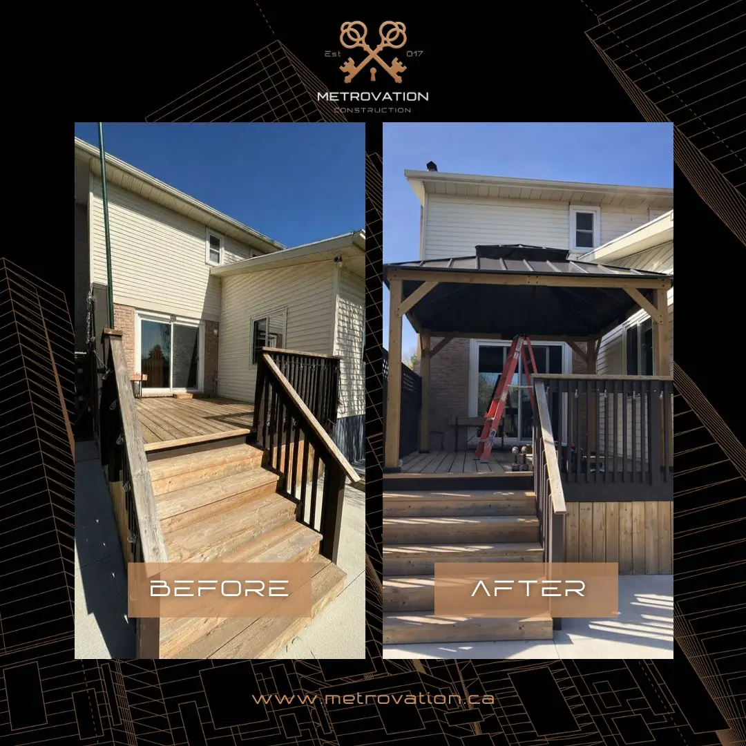Hardtop gazebo installation before and after over existing deck by Metrovation