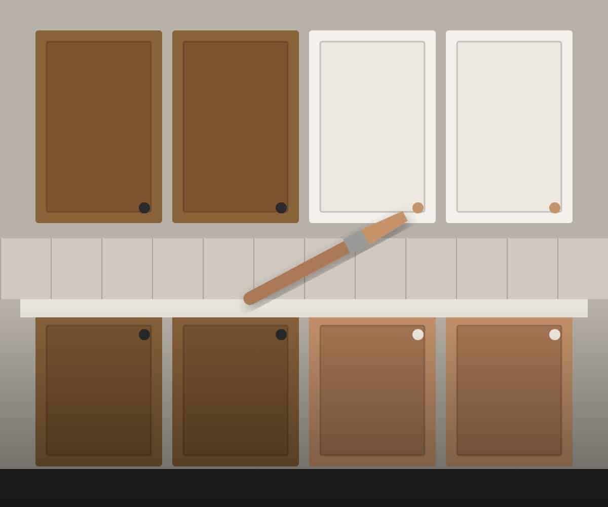 Cabinet painting Mississauga project showing dated oak cabinets beside freshly painted white and copper doors