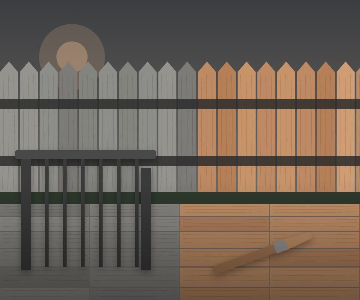 Deck and fence staining Brampton project showing weathered grey boards beside freshly stained copper toned wood