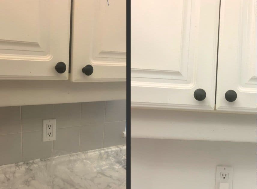 Drywall repair and painting Hamilton style before and after showing a tiled backsplash wall repaired and painted clean