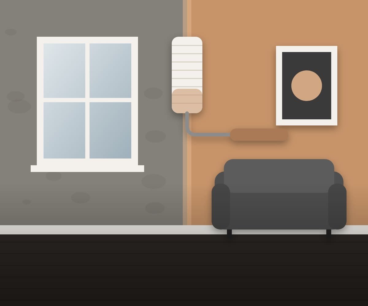Interior painting Toronto project showing an old wall beside a freshly painted copper accent wall