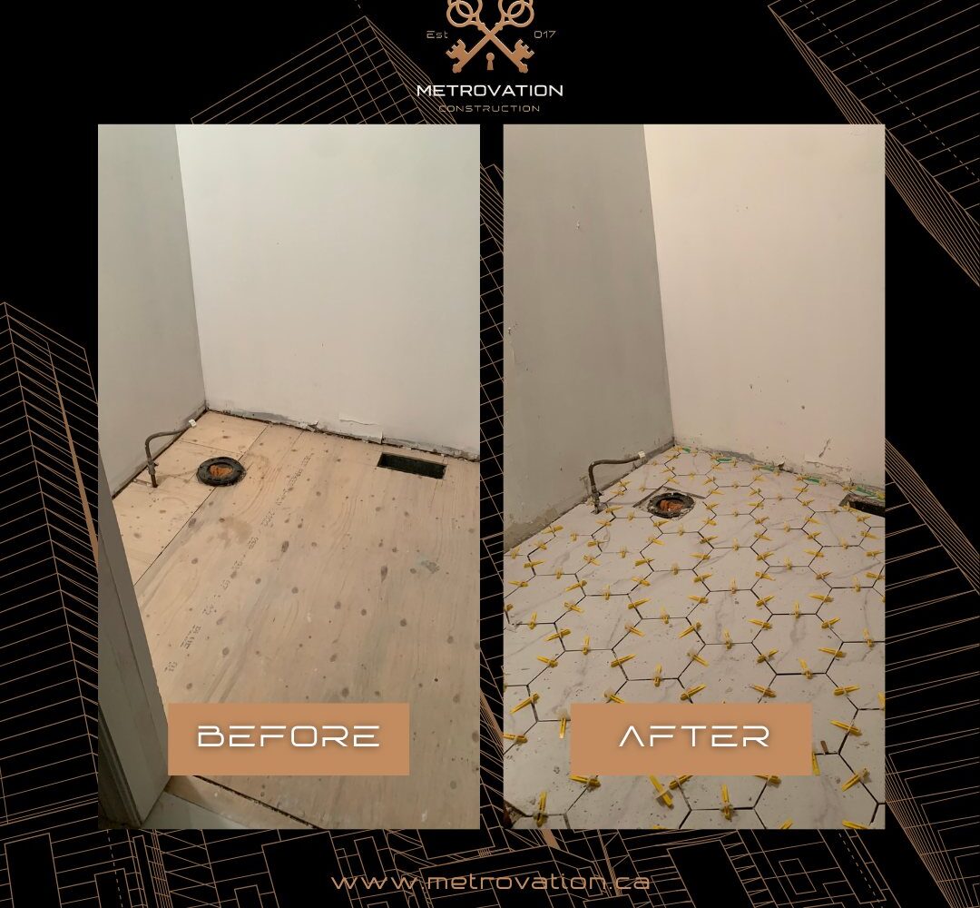 Bathroom floor tile installation before and after with new hexagon tile by Metrovation in the GTA