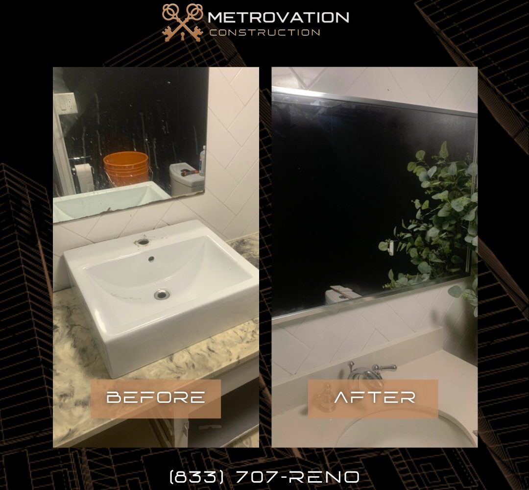 Bathroom vanity upgrade before and after with a modern vanity and new fixtures by Metrovation in the GTA
