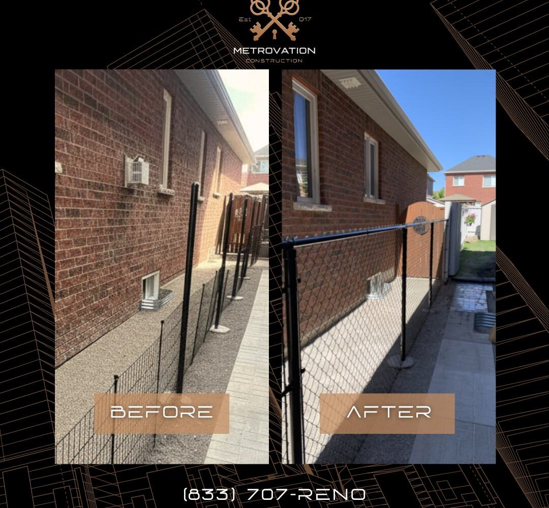 Chain link fence installation before and after in a backyard by Metrovation in the GTA