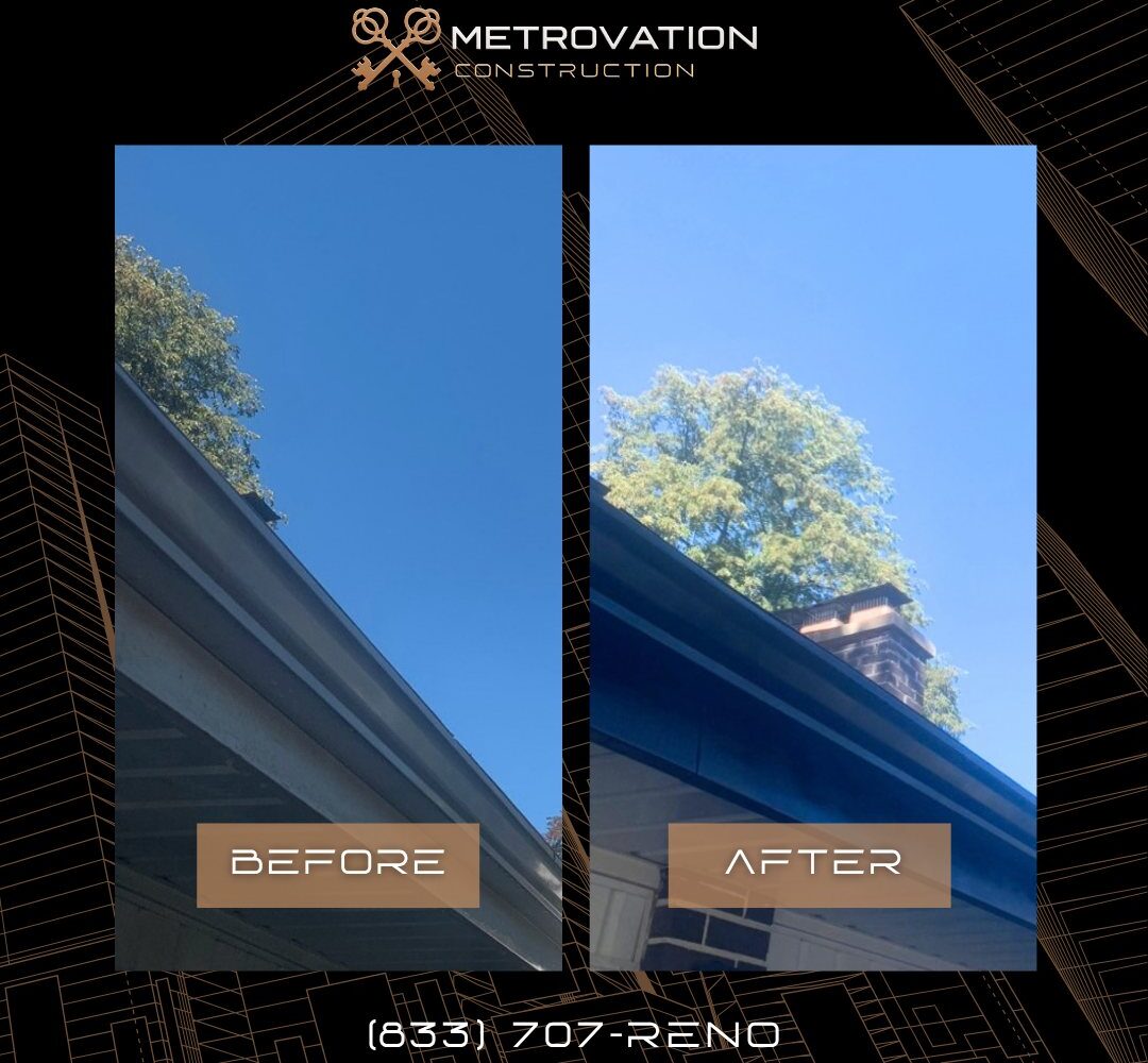 Eavestrough and fascia painting before and after, off white to a sleek dark finish by Metrovation in the GTA