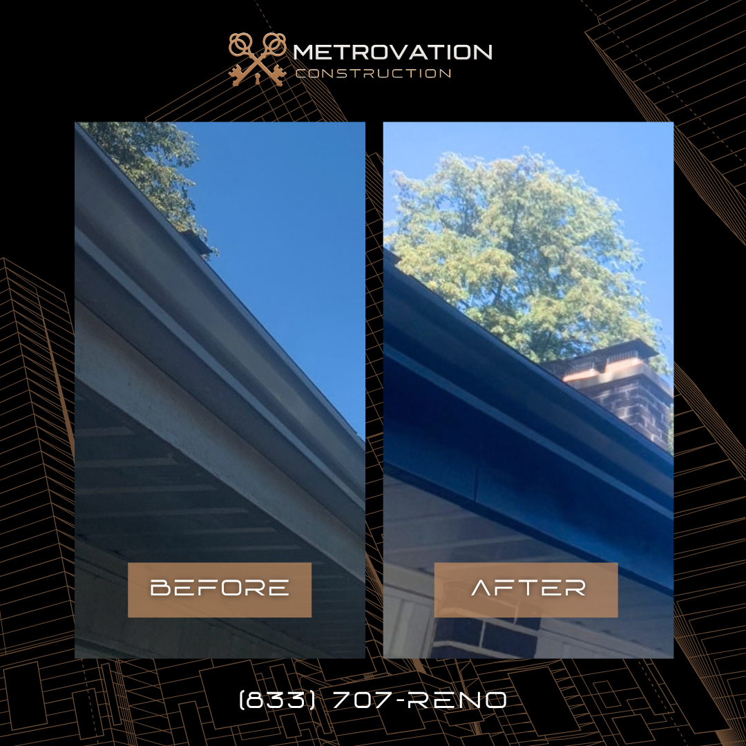 Before and after eavestrough and fascia painting by Metrovation in the GTA. Old off white eavestroughs on a house, then the same eavestroughs power washed and painted a sleek modern dark colour.