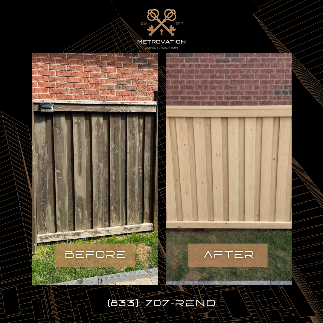 Before and after fence refresh showing weathered wood fence restored by Metrovation in the GTA