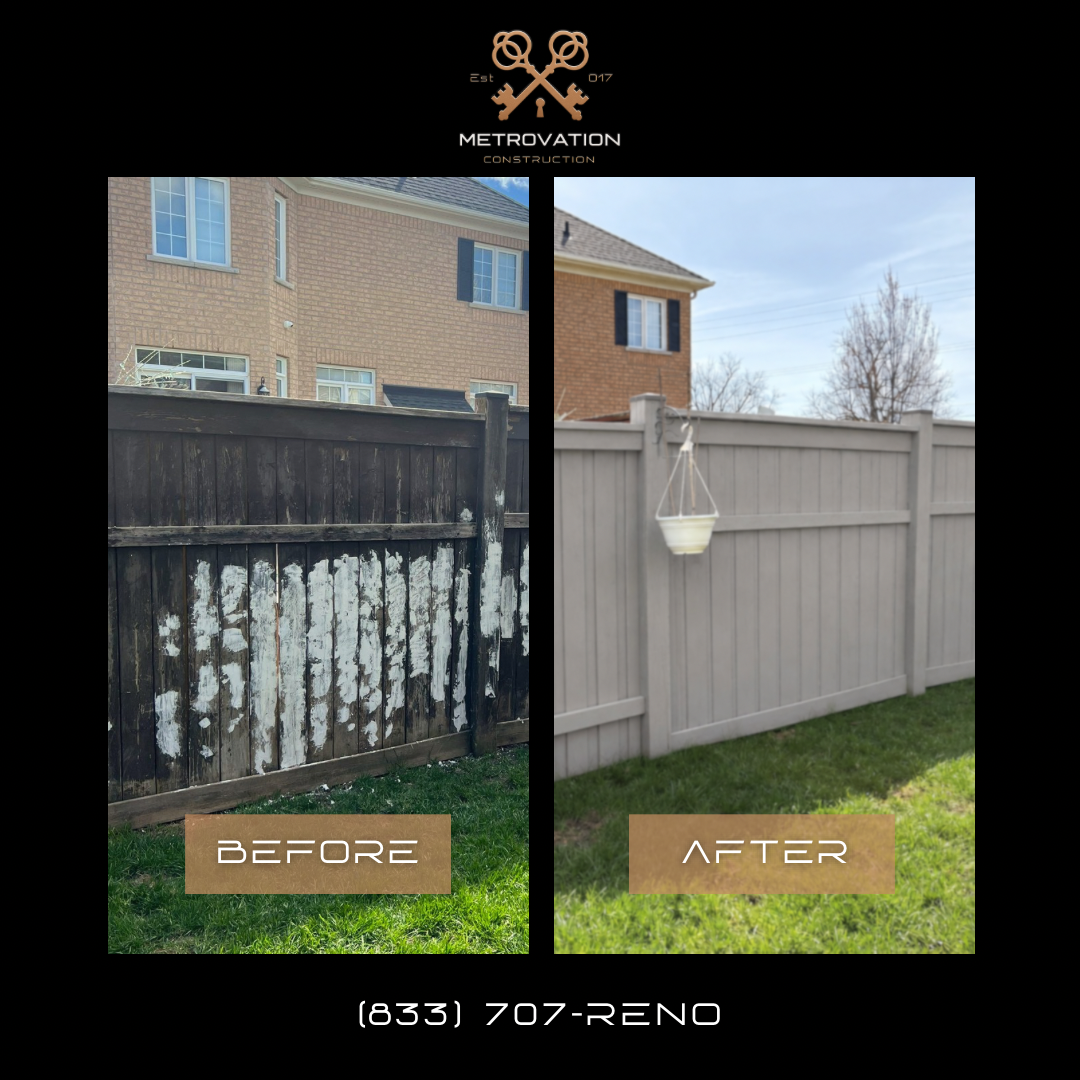 Before and after backyard fence restoration project by Metrovation in the GTA