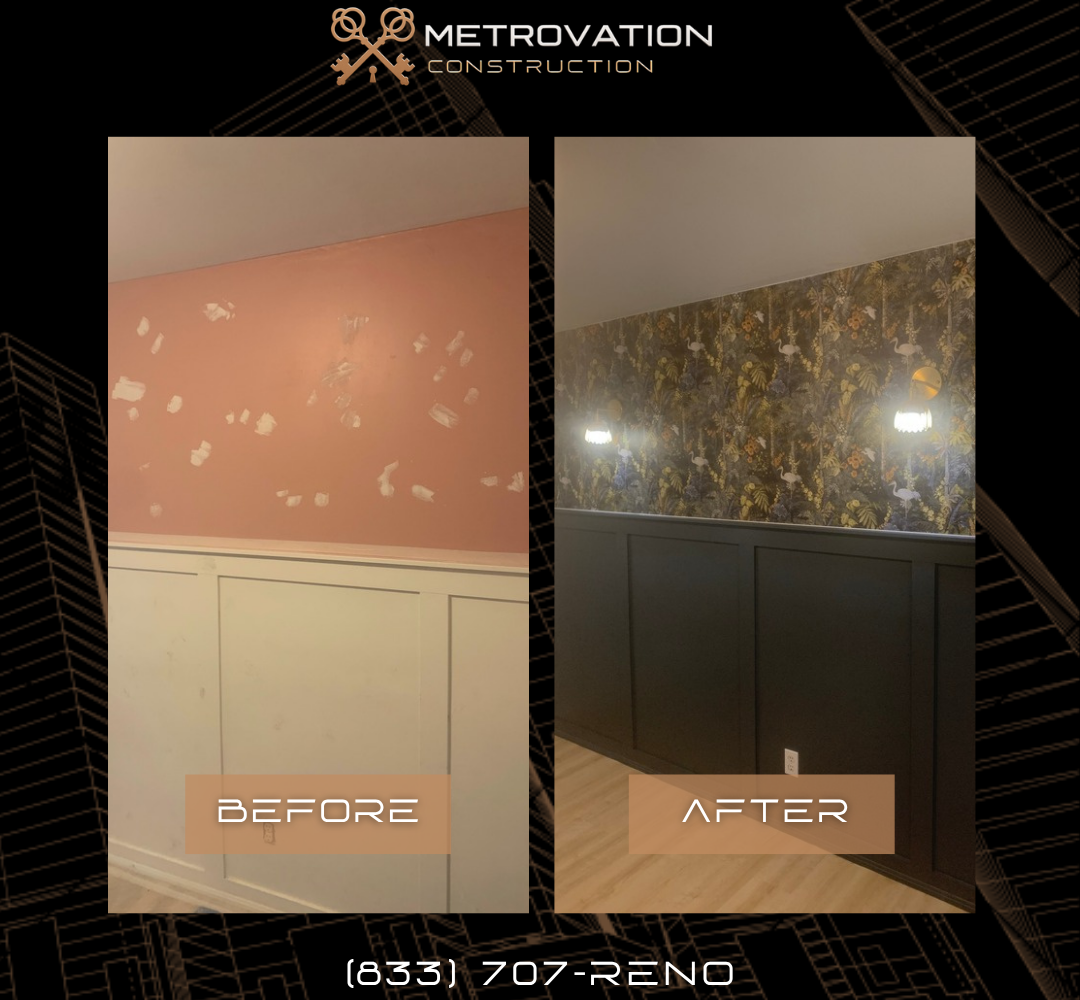 Before and after wall refresh with drywall repair and fresh paint by Metrovation in the GTA