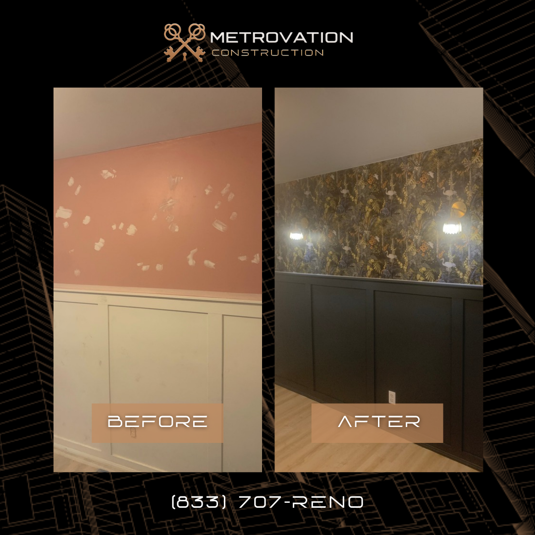 Before and after wall refresh with drywall repair and fresh paint by Metrovation in the GTA