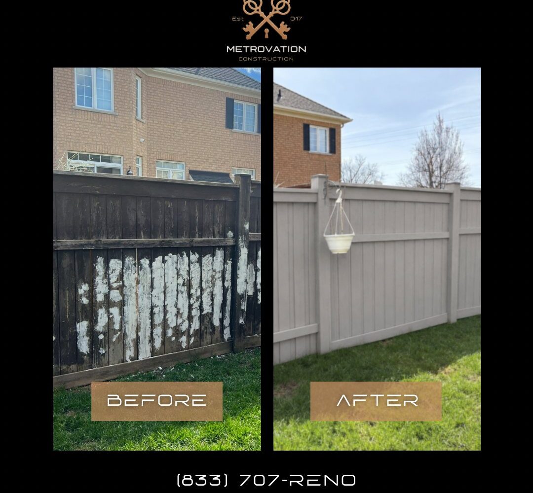 Wood fence painting before and after, weathered grey boards restored by Metrovation in the GTA